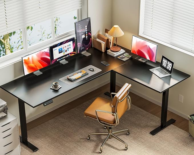 Casaottima 71 Inch Reversible Electric L Shaped Standing Desk, Height Adjustable Corner Stand up Desk, Ergonomic Large Lift Table for Home, Office, Workstation, Reception Room, Black