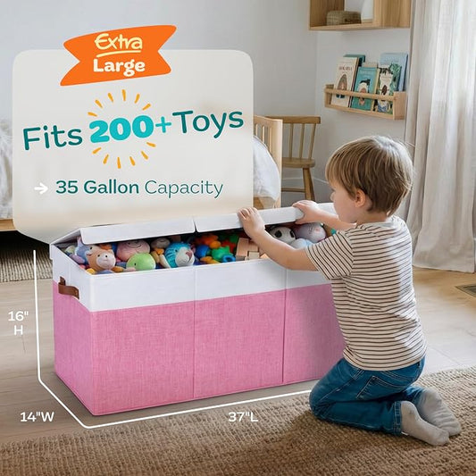 SoftOwl Extra Large Toy Storage Organizer with Lid - Sturdy, Collapsible Toy Chest Storage Box Design - Toys Bin with Dividers for Kids, Nursery, Bedroom, Playroom 37"x16"x14"