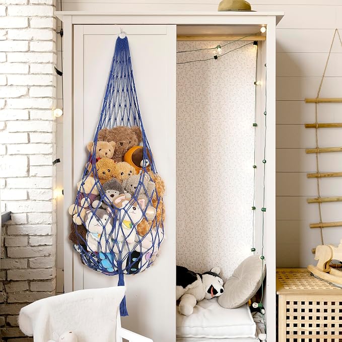 Amdermi Stuffed Animal Storage Toy Hammock Corner Hanging Net for Stuff Animal Storage Macrame Toy Display Plushie Toy Holder-Wall Hanging Net for Kid Bedroom Decor Playroom Organizer (Blue)