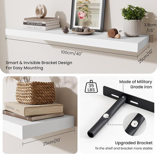 Fun Memories Floating Shelves Set of 2, 40 Inch Long Wooden Wall Shelves, 10 Inch Deep Wall Mounted Storage Shelf with Metal Brackets for Living Room, Bathroom, Bedroom and Kitchen, White