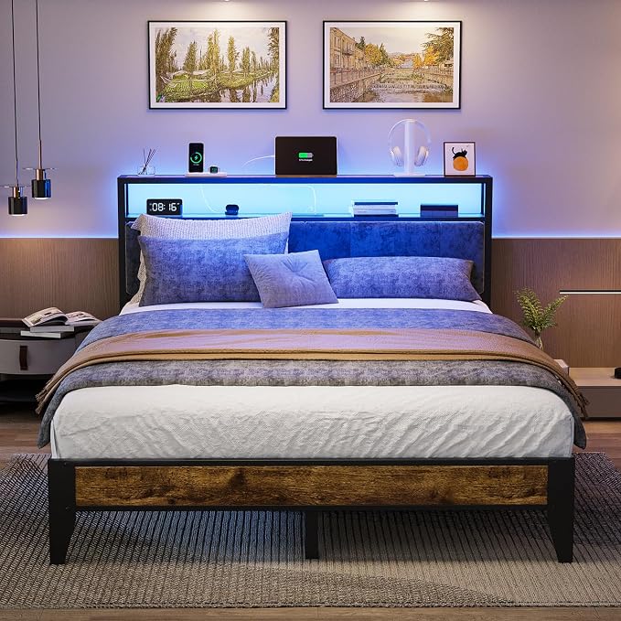 OLEVS Queen Size Bed Frame with Charging Station & LED Light, 2-Tier Storage Headboard & Footboard, Noise-Free Metal Platform Bed No Box Spring Needed, Easy Assembly