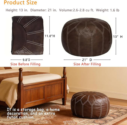Thgonwid Unstuffed Moroccan Faux Leather Pouf Ottoman Cover with Storage - Boho Chic Multi-Use Footrest for Living Room, Bedroom, Patio - Round Ethnic Floor Cushion & Decorative Accent, Deep Coffee