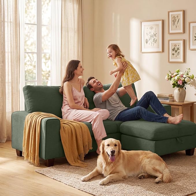 DOPEDIO L-Shaped Sectional Sofa with Storage Ottoman, Modern Chenille Recliner Loveseat, Removable Couch Covers, Pocket Spring Cushions, Solid Wood Frame, Easy to Install (88.58inch, Green)