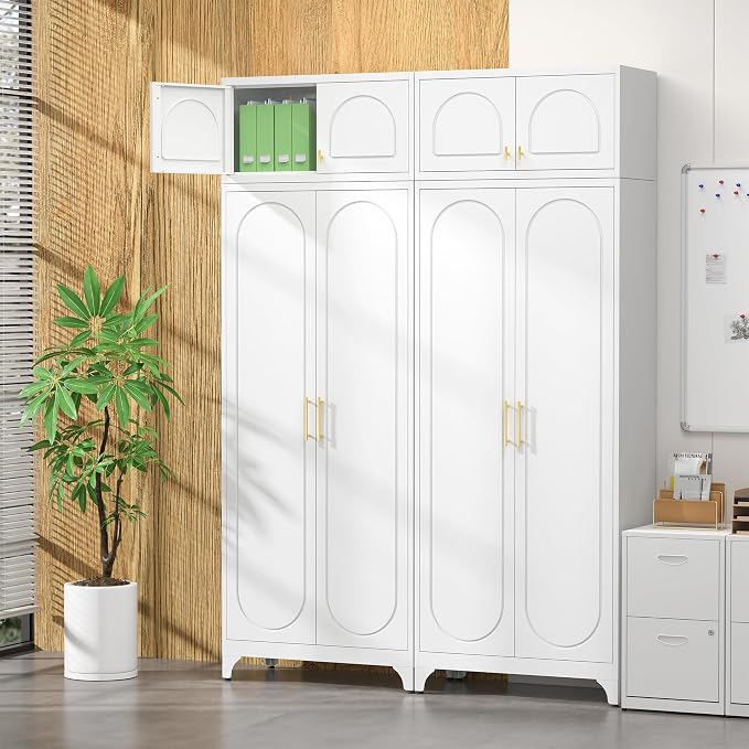 SteeLoong Metal Storage Cabinet and Wall Upper Storage Cabinet,90Inch White Kitchen Pantry Cabinets with 4 Adjustable Shelves,Tall Food Cupboards for Living Room, Dining Room Office