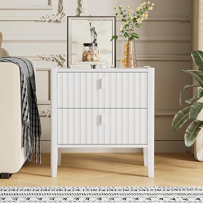 Furniway Nightstand Set of 2, Modern End Table with Solid Wood Legs, Bedside Table with 2 Drawers and Metal Handles for Bedroom, White