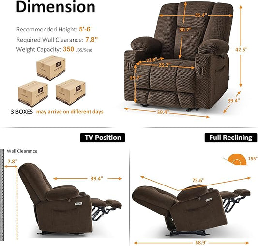 MCombo Oversized Zero Gravity Recliner Chair with Heating and Massage, Power Recliner for Big and Tall with USB & Type C Ports, Cup Holders for Living Room 8017 (Brown, Oversized)