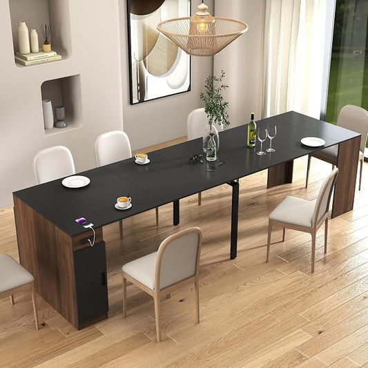 Transforming Table Extender for Dining Table, Pull Out Table, Transformer Console with Storage & Built-in Outlet, Folding Dining Table for 12, Walnut Black