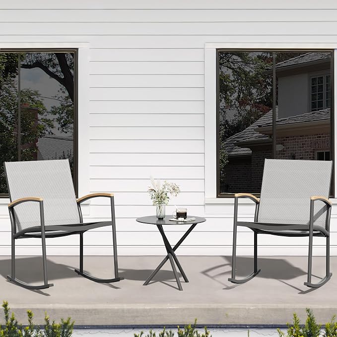Shintenchi 3 Pieces Patio Rocking Bistro Sets,Outdoor Textilene Fabric Conversation Bistro Set,Front Porch Rocker Chairs Small Patio Furniture Set with Table for Lawn,Garden,Balcony(Light Gray)