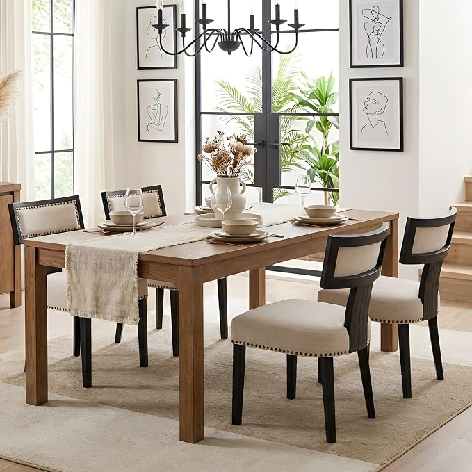 HNY Mid Century Modern Dining Chairs Set of 4, Farmhouse Linen Fabric Upholstered Accent Chairs Curved Nailhead Trim Backrest Kitchen Chairs, with Black Hardwood Frame, Beige