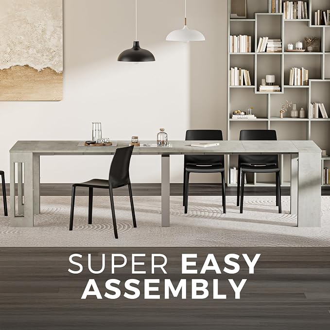 Mobili Fiver, Easy, Extendable Console Table with Extension Leaves Holder, 17.7(120.1) x35.4 in, Concrete Effect, Grey, Made in Italy