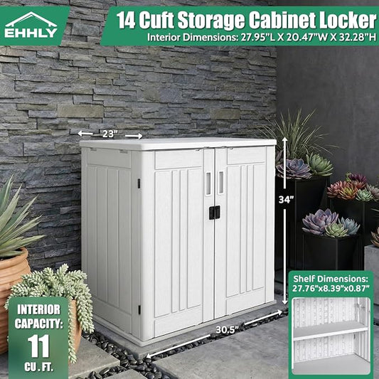 EHHLY Heavy Duty Small Storage Cabinet Outdoor Weatherproof, 14 Cuft Garage Storage Cabinet with 2 Adjustable Shelves, Lockable Kitchen Pantry Closer Organizer, 31Wx23Lx34H, Polar White