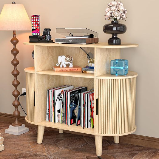 LUVIOHOME Large Round Record Player Stand with Charging Station & USB Ports,Record Storage Cabinet, Mid Century Modern Turntable Stand for Bedroom Living Room (Small Oak)