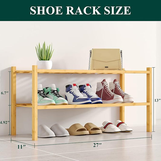 Smiry Bamboo Shoe Rack, 2 Tier Free Standing Wooden Shoe Organizer, Stackable Wood Shoe Storage Shelf for Closet, Entryway, 12 Vertical Slats, One-piece Standard Legs, 26.8"x11"x13", Natural
