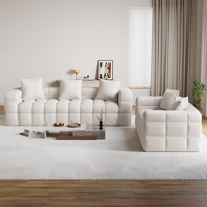 Chenille Cloud Sofa Couch Set with 5 Soft Pillows,Comfy Upholstered LoveSeat Sofa Set,Modern Deep Seat Sherpa Cloud Couch, Oversized Love Seat for Living Room,Beige White