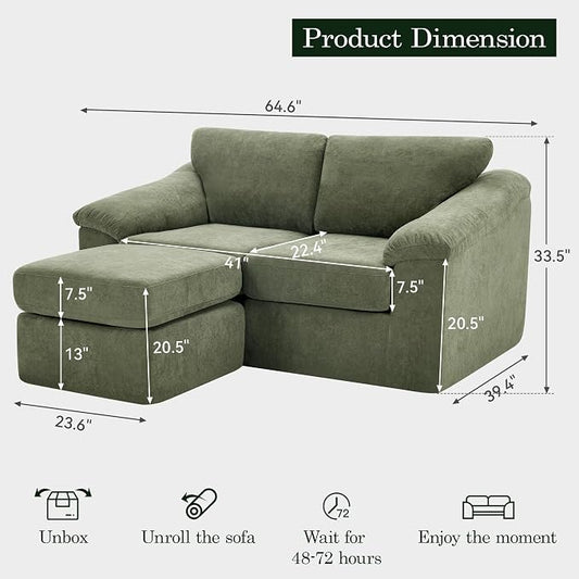 L Shaped Boneless Couch, Modern Loveseat Sofa with Ottoman, Floor Cloud Couch Sets with Extra Comfy Soft Deep Seats for Living Room, Apartment, No Assemby, Green