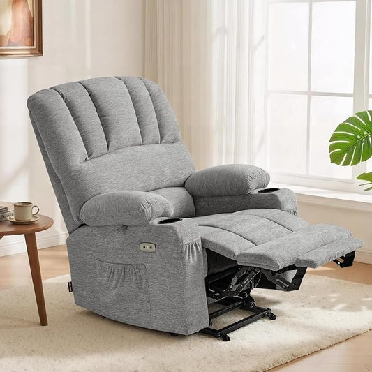 MCombo Large Power Lift Recliner Chair for Elderly, Lift Chair with Heat and Massage, 3 Positions, USB Charge Ports, Cup Holders, Fabric 7099 (Large, Grey)
