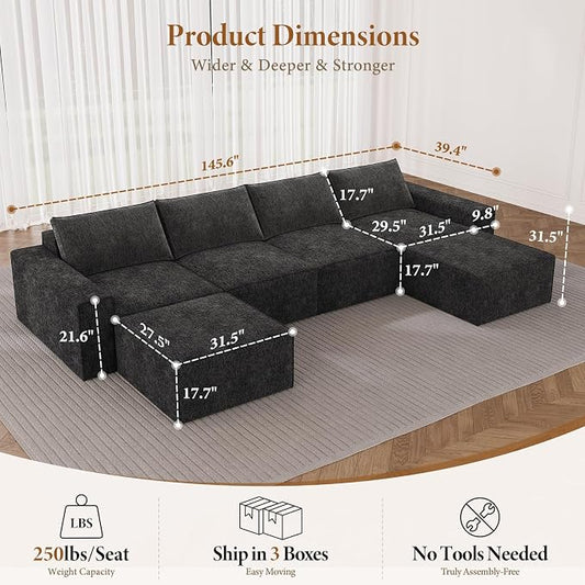 Vesgantti 145.6" Modular Boneless Couch, Modern U Shaped 6 Seater Sectional Sofa with 2 Ottoman & Deep Seat, Convertible Chenille Cloud Couches for Living Room, No Assembly Required, Black