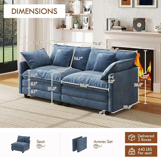 WorthFurni 77 Inch Cloud Sofa Loveseat, Comfy Sectional Couch, 2-Seater Chenille Deep Seat Sofa with Throw Pillows for Living Room Bedroom Apartment (Blue)
