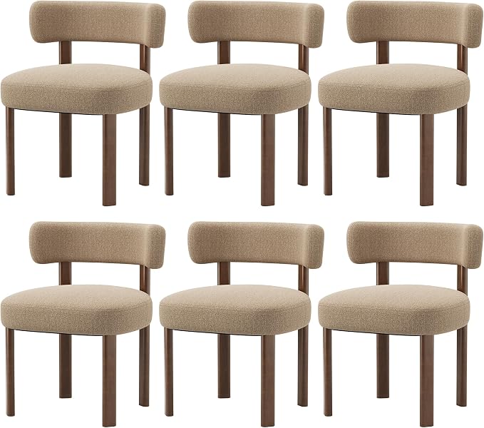 Wooden Dining Chairs Set of 6, Upholstered Kitchen Chairs with Solid Wood Legs, Mid Century Dining Room Chair with Ergonomic Curved Backrest for Kitchen Dining Vanity, Camel