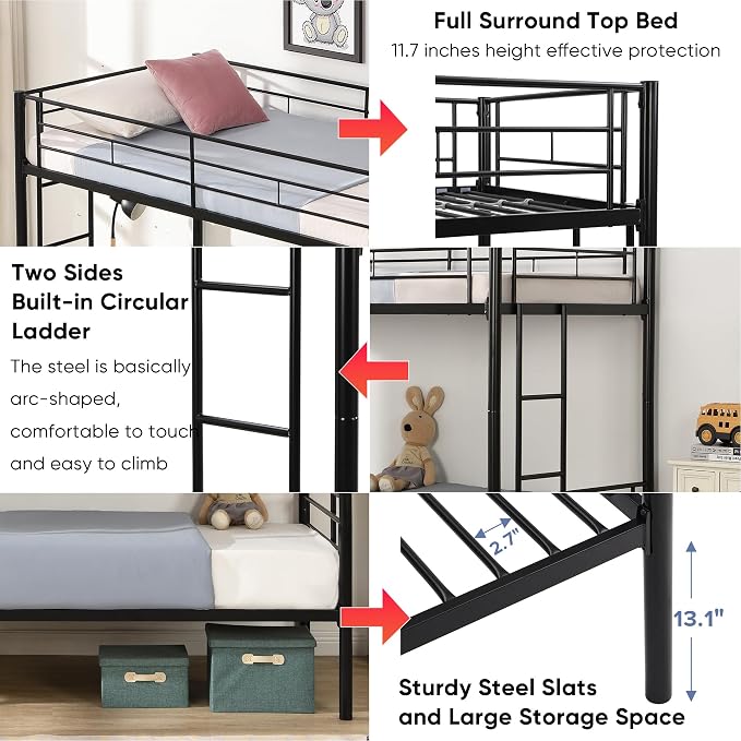 Metal Twin Over Twin Bunk Bed, Heavy-Duty Metal Bunk Bed, Noise Reduced Design/Safety Guardrail/2 Side Ladders/No Box Spring Needed (Black)