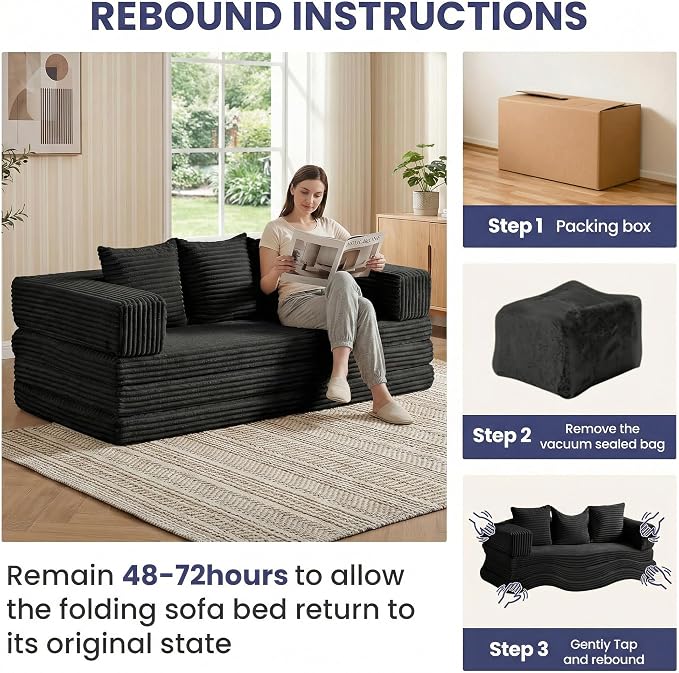 Convertible Sofa Bed Couch, 78’’ Oversized 4-in-1 Boneless Couches with Removable Armrests Backrest, Corduroy Futon Sofa Bed, Foldable Mattress Sleeper Sofa for Living Room Bedroom (Black)
