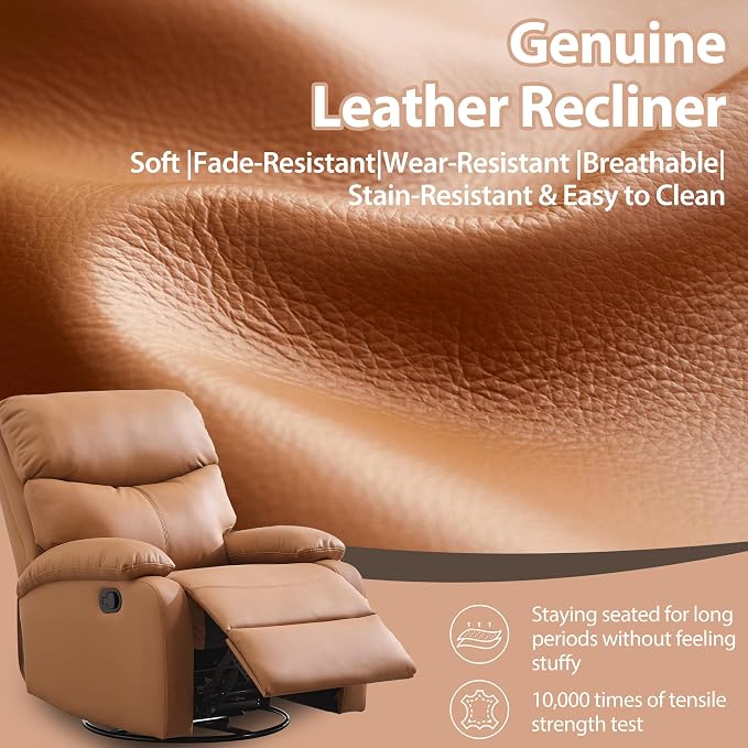 Genuine Leather Rocker Recliner Modern Manual Swivel Glider Recliner with Adjustable Backrest & Footrest Wall Hugger Swivel Rocking Recliner Chair for Modern Living Room and RV Warm Brown