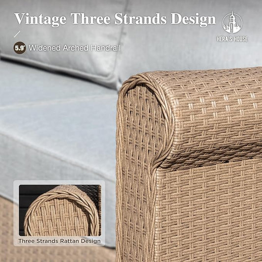 HERA'S HOUSE Patio Furniture Set, 4 x Cushioned Chairs, 3-Seat Sofa with Wood Grain Coffee Table, 5 Seats Luxury Windsor Style All Weahter Outdoor Sofa Conversation Set for Deck Lawn Backyard