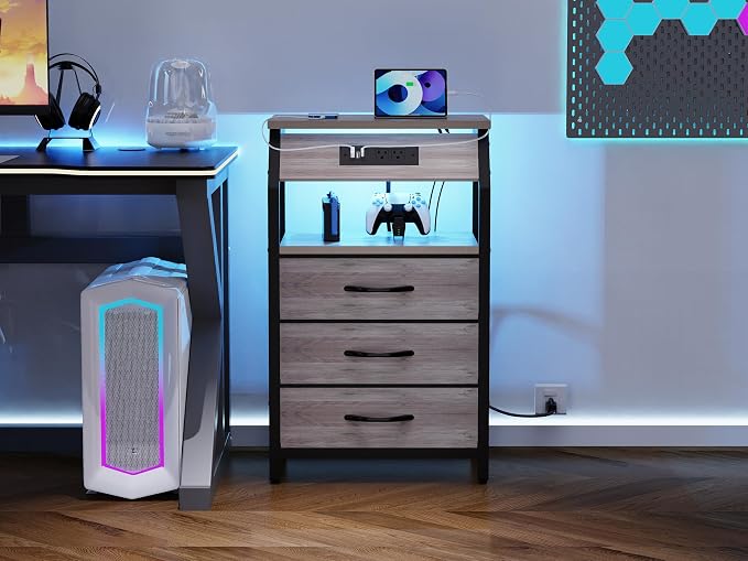 SZLHANJZ End Table with 3 Drawers, Night Stand with Charger Station and LED Lights, Small Nightstand with Fabric Storage, Farmhouse Side Table for Bedside, Living Room, Dorm, Greige