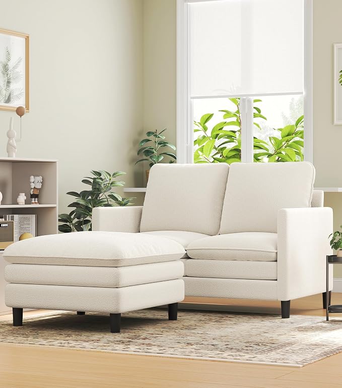 Welzona 3-Layers Cloud L Shaped Couch, 51" Loveseat Sofa Living Room, Bedroom - Tool-Free Assembly with Teddy Fabric Small L Shape Sofa - Beige - Removable Washable Covers - 650lbs Capacity