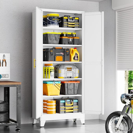 75" White Metal Storage Cabinet with 2 Doors and 5 Adjustable Shelves,Steel Garage Tool Cabinet, File Cabinet,Kitchen Pantry Cabinet for Home,Office,Garage,School,Warehouse
