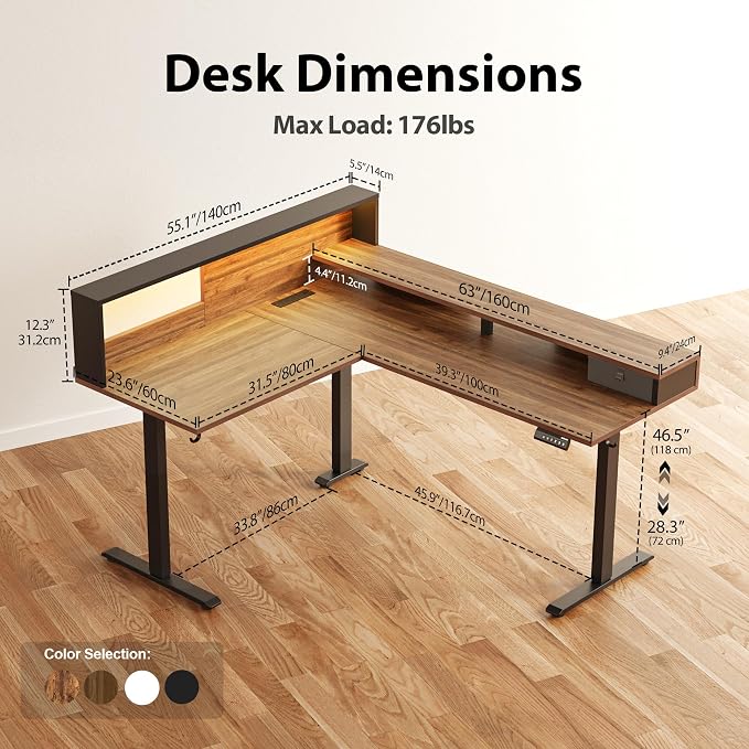 Agilestic L-Shaped Electric Standing Desk, 63x55 Inch Ergonomic Adjustable Height Desk with Storage, Stand Up Corner Desk Sit Stand Computer Table Power Outlet & LED Lights, Office Table, Dark Walnut