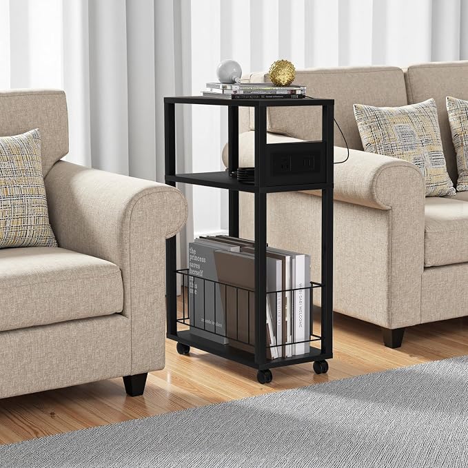 DGSANDGO Black Narrow Rolling Side Table with Charging Station (Outlets/USB Ports) & Storage Basket - Small Space End Table for Living Room Bedroom Office (Black)
