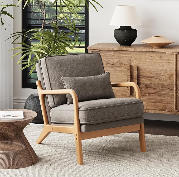 MALOL Mid-Century Accent Chair Set of 2 with Solid Wood Frame, Reading Relaxing Armchair Lumbar Pillow& Soft Cushion, Leisure Chair for Living Room, Bedroom, Waiting Room-Grey