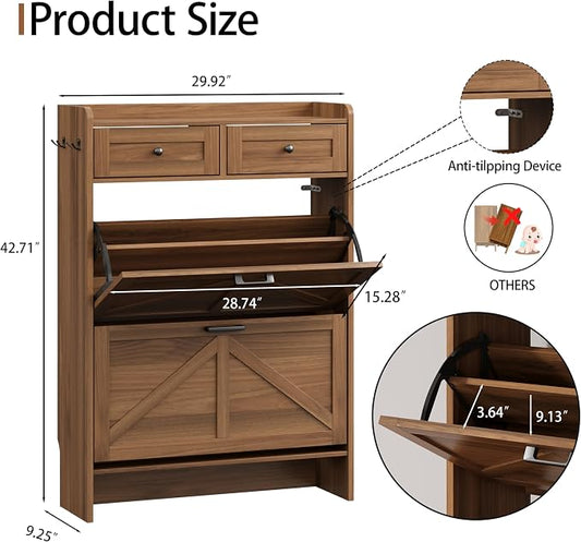 Shoe Cabinet with 2 Flip Drawers & 2 Top Drawers, 43" Tall Freestanding Narrow Wooden Shoe Storage Organizer for Entryway, Hidden Slim Shoe Rack for Front Door Entrance, Hallway, Living Room, Walnut