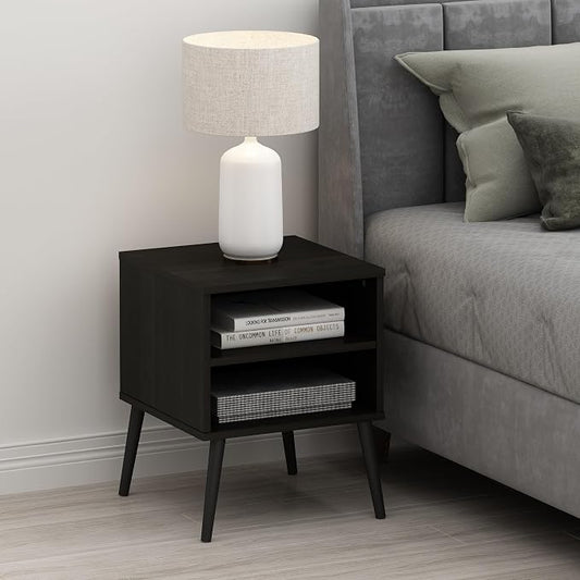 Furinno Claude Mid Century Style Nightstand with Wood Legs, 15.55 (D) x 15.55 (W) x 20.16 (H) inches, Espresso | Square Nightstand with Wooden Legs, Open Shelf Bedside Table, End Table, Side Table, for Bedroom, Closet, Dorm
