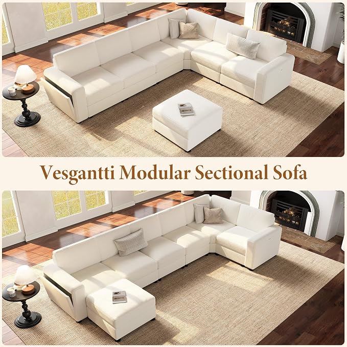 Vesgantti Oversized Modular Sectional Sofa, 6-Seater Chenille L Shaped Modular Sofa with Ottoman, 2 Cup Holders, USB Port, Storage Box, Sectional Couches for Living Room, Meeting Room, Beige