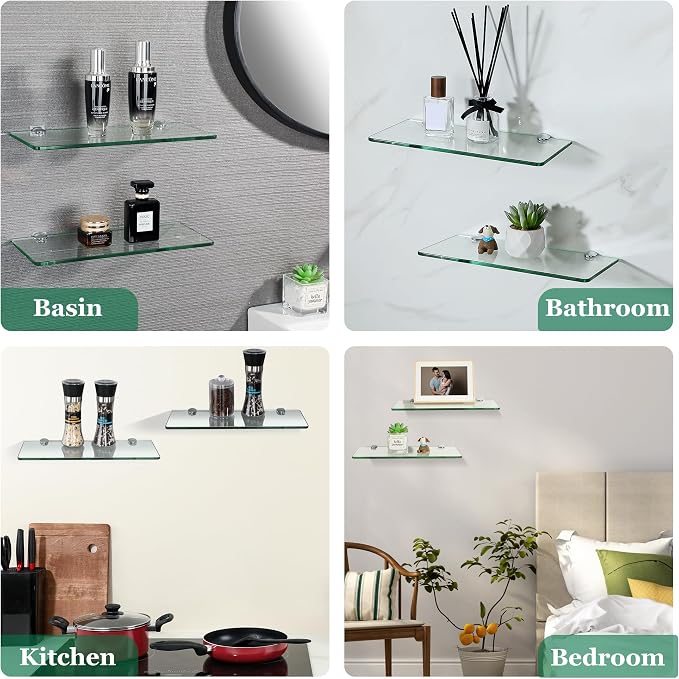 SAYAYO Glass Floating Shelves for Wall, Tempered Glass Shelves for Bathroom, Living Room, Bedroom, Office, Toilet, Kitchen Decor, 12 Inch Set of 2, Clear