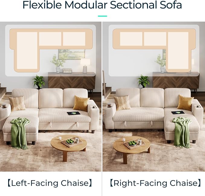LINSY Home 81" Modular Sectional Couch with Pull Out Bed, L Shaped 3 Seats Sofa with Storage Chaise, Corduroy Convertible Sofa Bed, USB, Cup Holders, Side Pocket, Sleeper Sofa for Living Room, Beige