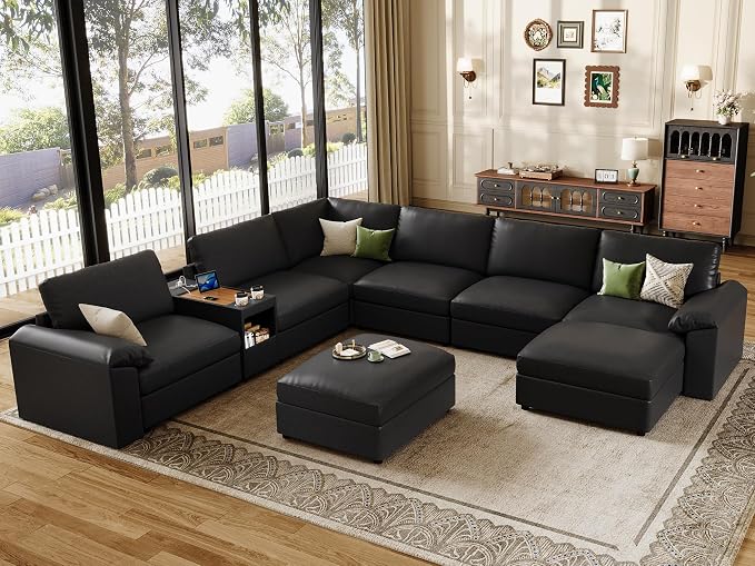 EASE MOOSE Faux Leather Sectional Couch with Console,Oversized Modular Sofa, Modern Comfy Modular Couch,Scratch Resistant Material Sofas,U Shaped Couch for Big Spaces,Black