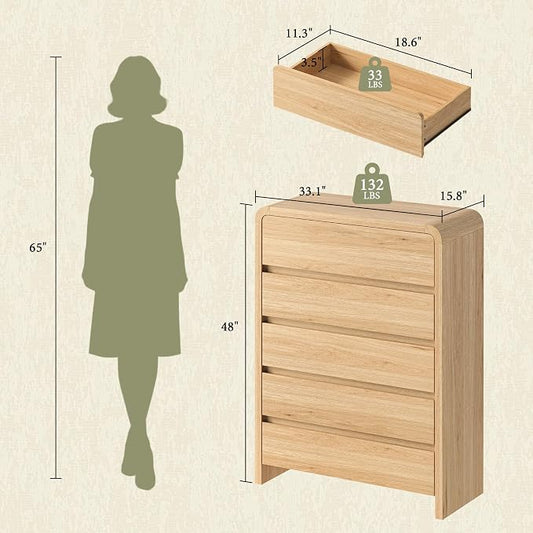 AMERLIFE 5 Drawer Tall Dresser for Bedroom, 48" Modern Storage Cabinet with Anti-Tip Kit, Rounded Corners & Easy Assembly, White Wood Chest for Closet, Apartment, Light Oak