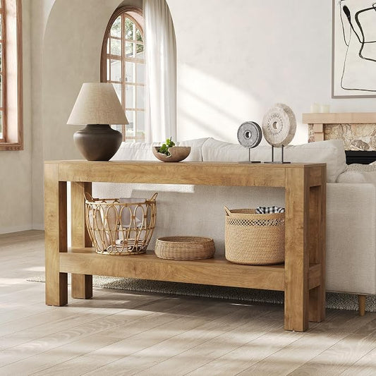 LITTLE TREE 63-Inch Long Console Table for Living Room, Farmhouse Wood Entryway Table for Sofa, Entry, Hallway, Entrance, Foyer, Behind Couch with 2-Tier Narrow Shelf, Oak