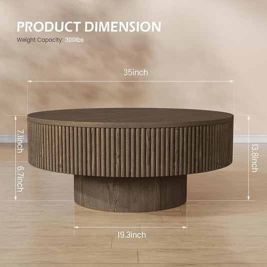 YOUDENOVA 35” Round Fluted Coffee Table, Modern Wood Circle Coffee Table, Veneer Handcrafted Relief Tea Table with Sturdy Pedestal for Living Room, Easy Assembly - Brown