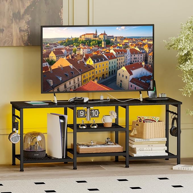 YGEOMER Black Entertainment Stand for Up to 50 Inch TVs, Tv Stand with Outlet Led Lights Open Storage Shelves, TV Consoles for Living Room, Bedroom