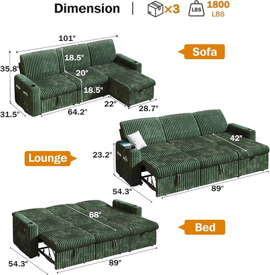 Vipbear 101" Sectional Sleeper Sofa with Pull Out Bed,5-Level Adjustable Backrest,3 Seat Modular Couch with Storage,Tool Free Assembly,USB & Cup Holders, Corduroy Sofa for Living Room, Green