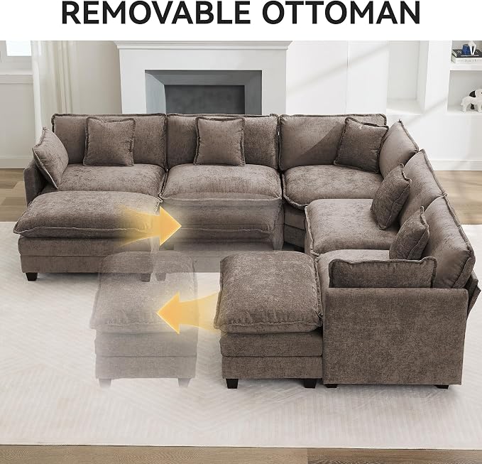 113'' V Shaped Cloud Sectional Sofa, Oversized Deep Seat Couches for Living Room, Chenille Comfy Upholstered Modular Sectional Sofa Couch with 2 Movable Ottoman, Brown