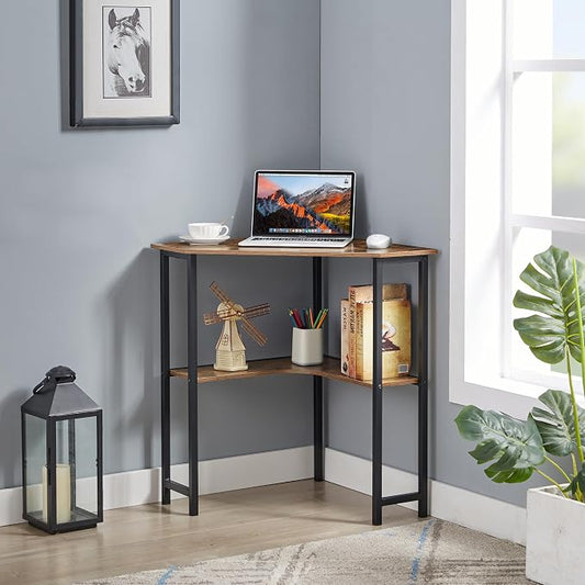 VECELO Small Corner Computer Desk 33 x 23 inches with Storage Shelves for Small Spaces,Triangular Shape,Brown
