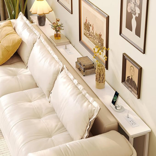 Huuger 110.2 Inch Sofa Table with Power Outlets, 23.9’’-34.4’’ Height Adjustable Range, Behind Couch Table with USB-C Ports, Sofa Tables Narrow Long, Skinny Console Table, for Small Spaces, White