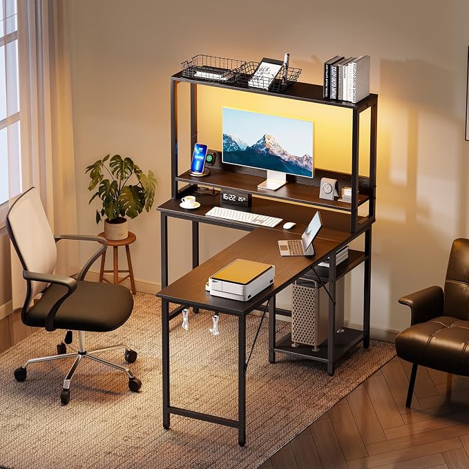 DUMOS L Shaped Desk Gaming Desk with LED & Power Outlet 53 in Reversible Corner Computer Table with Adjustable Shelf & CPU Stand, Home Office Writing Table, Black