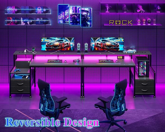 Furologee 47" Gaming Desk with LED Lights & USB-C Port, Reversible Computer Desk with Monitor Stand, Storage Shelves & 2 Fabric Drawers, Gaming Table with Power Outlets & Hooks, Carbon Fiber Black