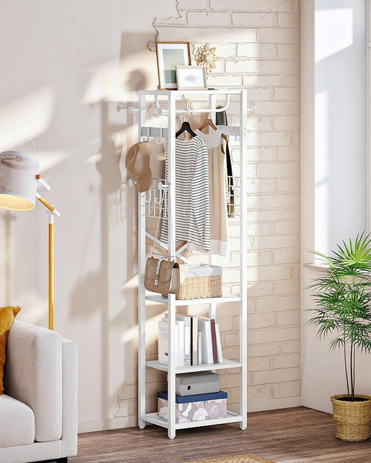 CHOEZON Coat Rack with Shelves, Freestanding Hall Tree, Coat Tree with 16 Hooks and Hanging Rail, Industrial Clothes Stand for Entryway, Hallway, Bedroom, White TYM18WB